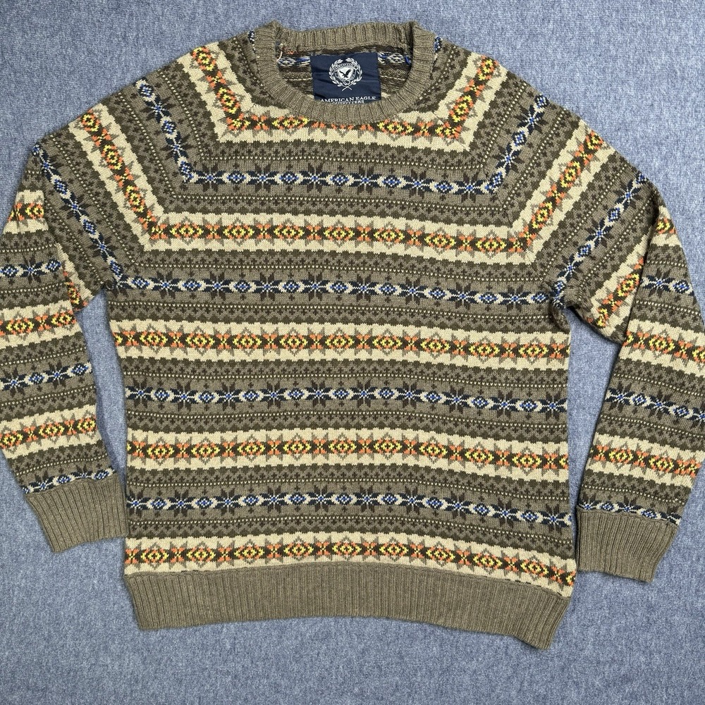 American Eagle Mens Fair Isle Crewneck Sweater Olive Brown Multi-Color Large